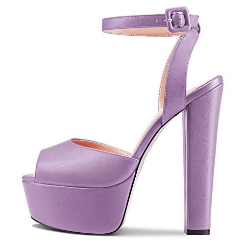NobleOnly Damen Chunky Blockabsatz Hoher High Plateau Plattform Absatz Heel Peep Open Zehenkappe Knöchelriemen Slingback Hochzeit Sandalen Violett 36 EU von NobleOnly