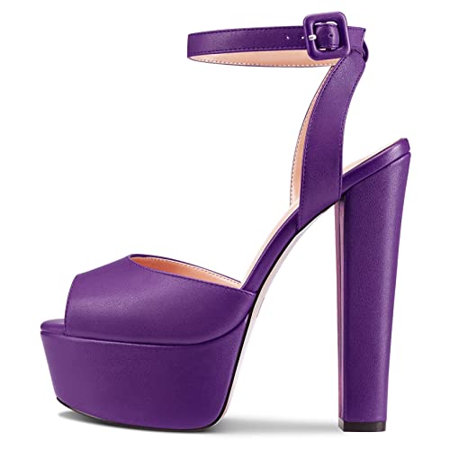 NobleOnly Damen Chunky Blockabsatz Hoher High Plateau Plattform Absatz Heel Peep Open Zehenkappe Knöchelriemen Slingback Hochzeit Sandalen Violett A 37 EU von NobleOnly