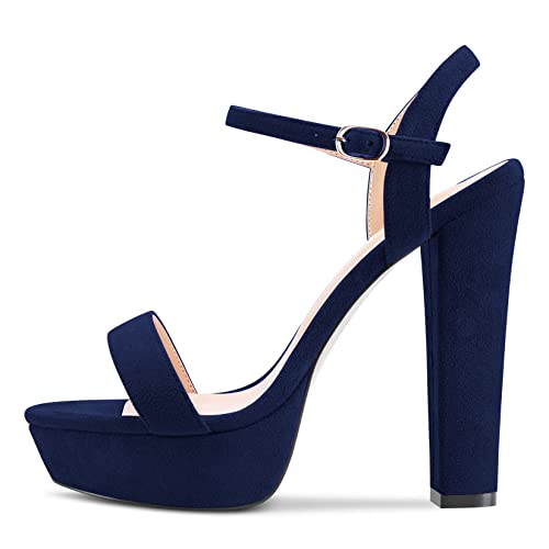 NobleOnly Damen Chunky Blockabsatz Hoher High Plateau Plattform Absatz Heel Peep Open Zehenkappe Sandalen Knöchelriemen Schnalle Römische Clear Party Hochzeit Schuhe Navy Blau 38 EU von NobleOnly