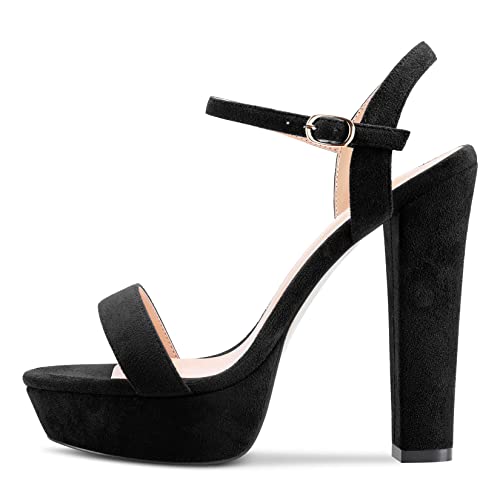 NobleOnly Damen Chunky Blockabsatz Hoher High Plateau Plattform Absatz Heel Peep Open Zehenkappe Sandalen Knöchelriemen Schnalle Römische Clear Party Hochzeit Schuhe Schwarz Wildleder 40 EU von NobleOnly