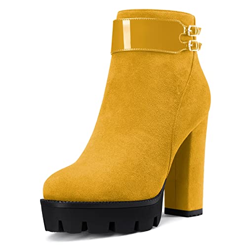NobleOnly Damen Chunky Blockabsatz Hoher High Plateau Plattform Absatz Heel Runde Zehenkappe Stiefeletten Reißverschluss 12 CM Heels Stiefel Gelb 37 EU von NobleOnly