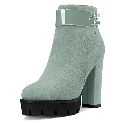 NobleOnly Damen Chunky Blockabsatz Hoher High Plateau Plattform Absatz Heel Runde Zehenkappe Stiefeletten Reißverschluss 12 CM Heels Stiefel Grün B 38 EU von NobleOnly