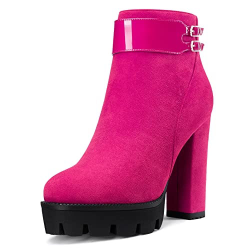 NobleOnly Damen Chunky Blockabsatz Hoher High Plateau Plattform Absatz Heel Runde Zehenkappe Stiefeletten Reißverschluss 12 CM Heels Stiefel Magenta Rot 37 EU von NobleOnly