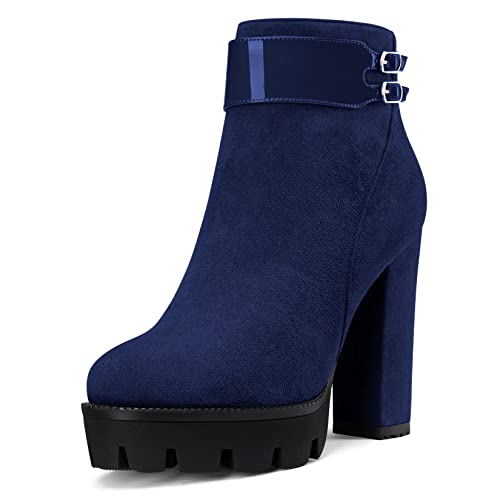 NobleOnly Damen Chunky Blockabsatz Hoher High Plateau Plattform Absatz Heel Runde Zehenkappe Stiefeletten Reißverschluss 12 CM Heels Stiefel Navy Blau 40 EU von NobleOnly