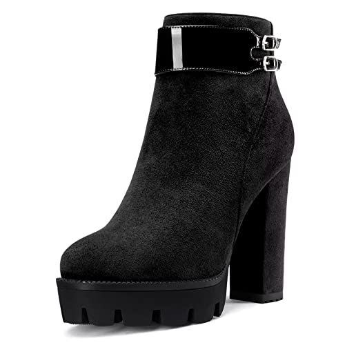 NobleOnly Damen Chunky Blockabsatz Hoher High Plateau Plattform Absatz Heel Runde Zehenkappe Stiefeletten Reißverschluss 12 CM Heels Stiefel Schwarz 42 EU von NobleOnly