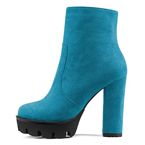 NobleOnly Damen Chunky Blockabsatz Hoher High Plateau Plattform Absatz Heel Runde Zehenkappe Stiefeletten Reißverschluss Party Klassisch Stiefel Blau A 38 EU von NobleOnly