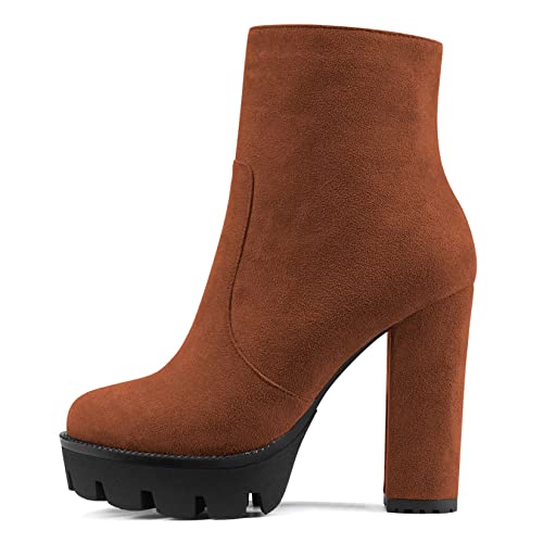 NobleOnly Damen Chunky Blockabsatz Hoher High Plateau Plattform Absatz Heel Runde Zehenkappe Stiefeletten Reißverschluss Party Klassisch Stiefel Braun 40 EU von NobleOnly