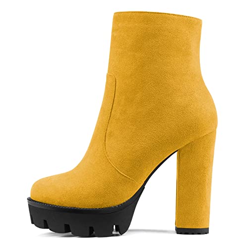 NobleOnly Damen Chunky Blockabsatz Hoher High Plateau Plattform Absatz Heel Runde Zehenkappe Stiefeletten Reißverschluss Party Klassisch Stiefel Gelb 36 EU von NobleOnly