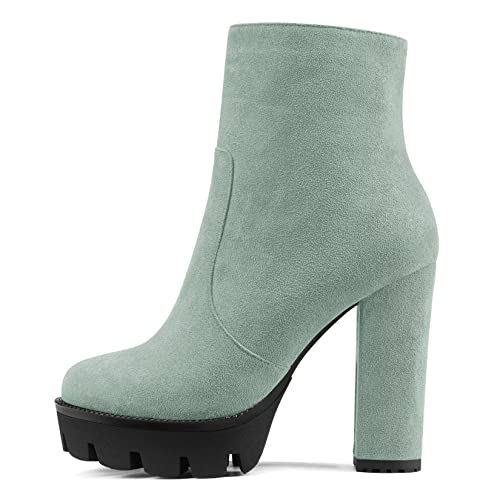 NobleOnly Damen Chunky Blockabsatz Hoher High Plateau Plattform Absatz Heel Runde Zehenkappe Stiefeletten Reißverschluss Party Klassisch Stiefel Hellgrün 37 EU von NobleOnly