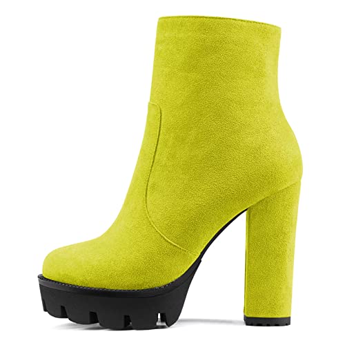 NobleOnly Damen Chunky Blockabsatz Hoher High Plateau Plattform Absatz Heel Runde Zehenkappe Stiefeletten Reißverschluss Party Klassisch Stiefel Lindgrün 44 EU von NobleOnly