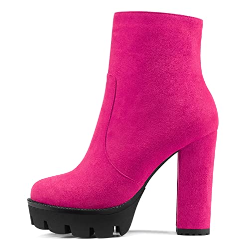 NobleOnly Damen Chunky Blockabsatz Hoher High Plateau Plattform Absatz Heel Runde Zehenkappe Stiefeletten Reißverschluss Party Klassisch Stiefel Magenta Rot 44 EU von NobleOnly