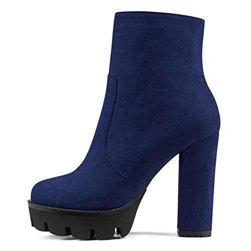 NobleOnly Damen Chunky Blockabsatz Hoher High Plateau Plattform Absatz Heel Runde Zehenkappe Stiefeletten Reißverschluss Party Klassisch Stiefel Navy Blau 36 EU von NobleOnly