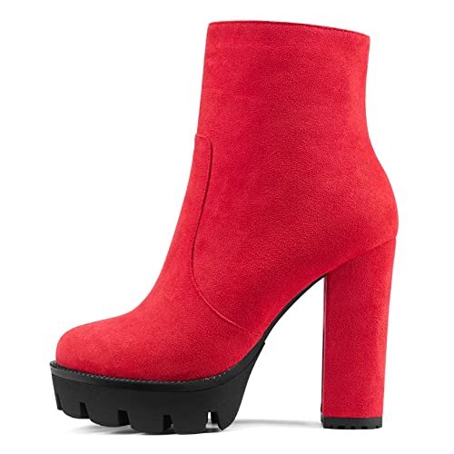 NobleOnly Damen Chunky Blockabsatz Hoher High Plateau Plattform Absatz Heel Runde Zehenkappe Stiefeletten Reißverschluss Party Klassisch Stiefel Rot 40 EU von NobleOnly