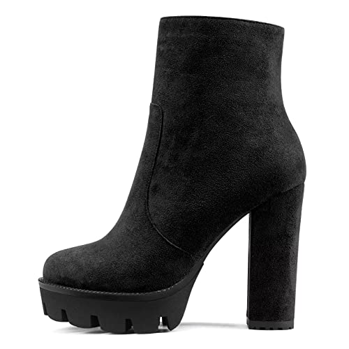 NobleOnly Damen Chunky Blockabsatz Hoher High Plateau Plattform Absatz Heel Runde Zehenkappe Stiefeletten Reißverschluss Party Klassisch Stiefel Schwarz 38 EU von NobleOnly