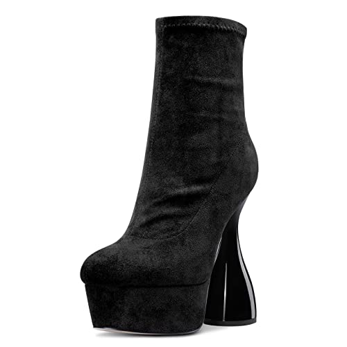 NobleOnly Damen Chunky Blockabsatz Hoher High Plateau Plattform Absatz Heel Runde Zehenkappe Stiefeletten Reißverschluss Sexy 15 CM Heels Stiefel Schwarz 42 EU von NobleOnly