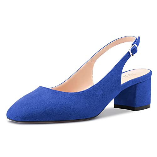 NobleOnly Damen Chunky Blockabsatz Mittlerem Absatz Heel Eckige Zehenkappe Sandalen Knöchelriemen Slingback Slip-on Pumps Dress Schuhe Blau B 42 EU von NobleOnly