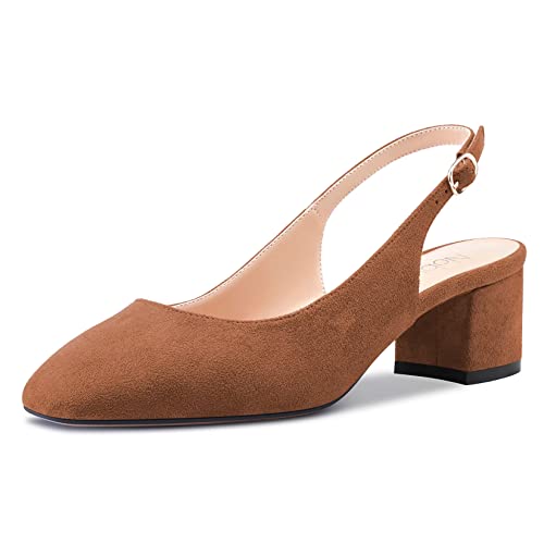 NobleOnly Damen Chunky Blockabsatz Mittlerem Absatz Heel Eckige Zehenkappe Sandalen Knöchelriemen Slingback Slip-on Pumps Dress Schuhe Braun 43 EU von NobleOnly