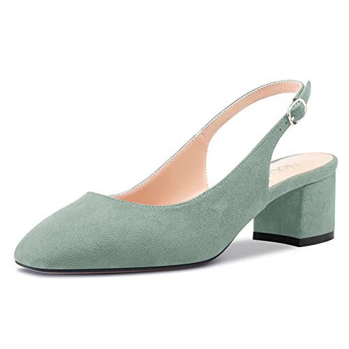 NobleOnly Damen Chunky Blockabsatz Mittlerem Absatz Heel Eckige Zehenkappe Sandalen Knöchelriemen Slingback Slip-on Pumps Dress Schuhe Grün B 39 EU von NobleOnly