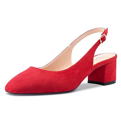 NobleOnly Damen Chunky Blockabsatz Mittlerem Absatz Heel Eckige Zehenkappe Sandalen Knöchelriemen Slingback Slip-on Pumps Dress Schuhe Rot 42 EU von NobleOnly