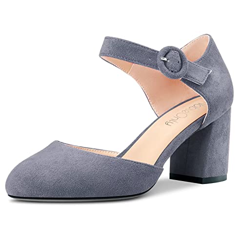 NobleOnly Damen Chunky Blockabsatz Mittlerem Absatz Heel Two-Piece Schnalle Runde Zehenkappe Pumps Clear Cute Hochzeit Büroschuhe Schuhe 6.5 cm Heels Grau Wildleder 44 EU von NobleOnly