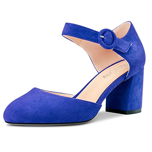 NobleOnly Damen Chunky Blockabsatz Mittlerem Absatz Heel Two-Piece Schnalle Runde Zehenkappe Pumps Clear Cute Hochzeit Büroschuhe Schuhe 6.5 cm Heels Königsblau Wildleder 38 EU von NobleOnly