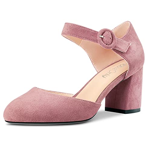 NobleOnly Damen Chunky Blockabsatz Mittlerem Absatz Heel Two-Piece Schnalle Runde Zehenkappe Pumps Clear Cute Hochzeit Büroschuhe Schuhe 6.5 cm Heels Rosa Wildleder 38 EU von NobleOnly