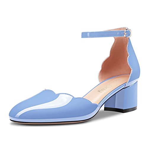 NobleOnly Damen Chunky Blockabsatz Niedrige Absatz Geschlossene Runde Zehenkappe Knöchelriemen Pumps Schnalle Hochzeit Büroschuhe Sandalen 5 cm Heels Hellblau 41 EU von NobleOnly