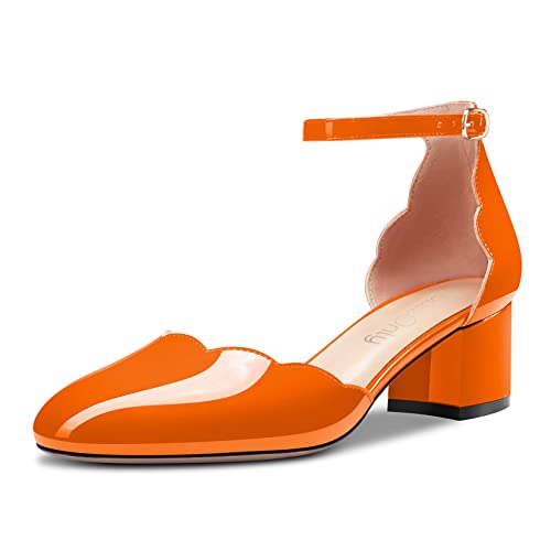 NobleOnly Damen Chunky Blockabsatz Niedrige Absatz Geschlossene Runde Zehenkappe Knöchelriemen Pumps Schnalle Hochzeit Büroschuhe Sandalen 5 cm Heels Orange 39 EU von NobleOnly