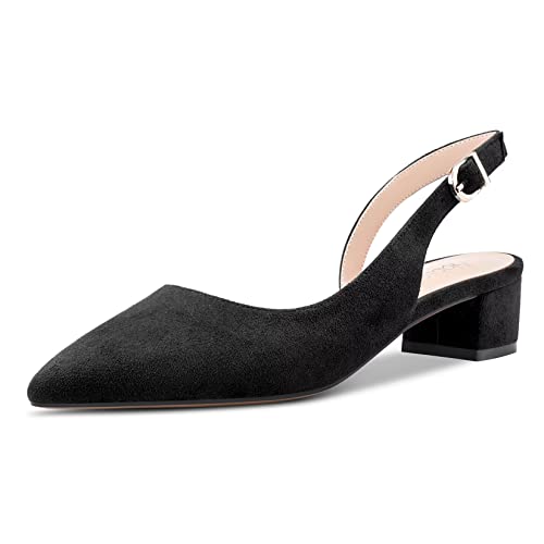 NobleOnly Damen Chunky Blockabsatz Niedrige Absatz Heel Geschlossene Spitze Zehenkappe Sandalen Slingback Slip-on Schnalle Pumps Hochzeit Dress Cute 3.5 CM Heels Schuhe Schwarz Wildleder 39 EU von NobleOnly