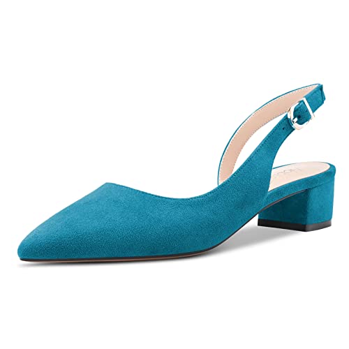 NobleOnly Damen Chunky Blockabsatz Niedrige Absatz Heel Geschlossene Spitze Zehenkappe Sandalen Slingback Slip-on Schnalle Pumps Hochzeit Dress Cute 3.5 cm Heels Schuhe Blau Wildleder B 41 EU von NobleOnly