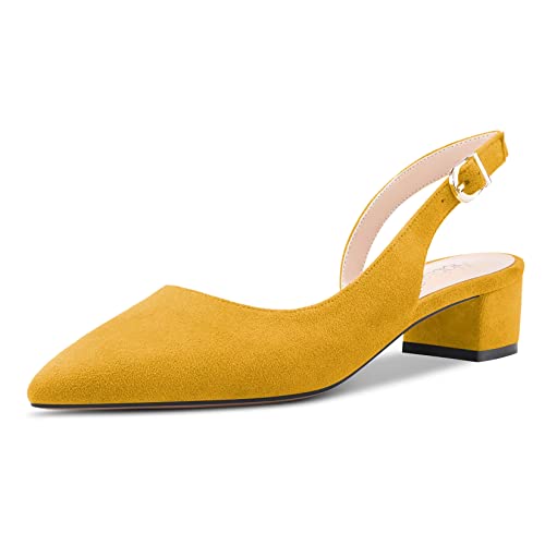 NobleOnly Damen Chunky Blockabsatz Niedrige Absatz Heel Geschlossene Spitze Zehenkappe Sandalen Slingback Slip-on Schnalle Pumps Hochzeit Dress Cute 3.5 cm Heels Schuhe Gelb Wildleder 39 EU von NobleOnly