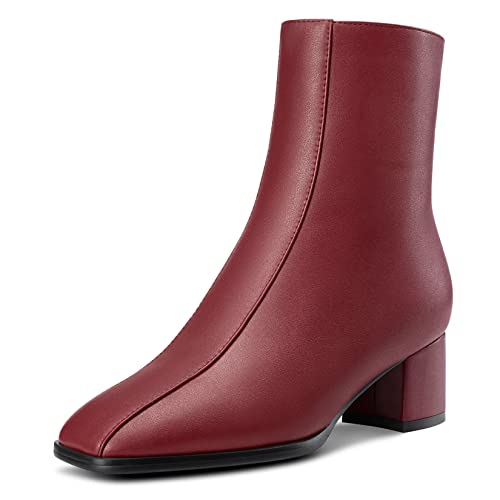 NobleOnly Damen Chunky Blockabsatz Niedrige Kitten Absatz Heel Eckige Zehenkappe Reißverschluss Stiefeletten Hochzeit Dress 5 CM Heels Burgund Rot 39 EU von NobleOnly