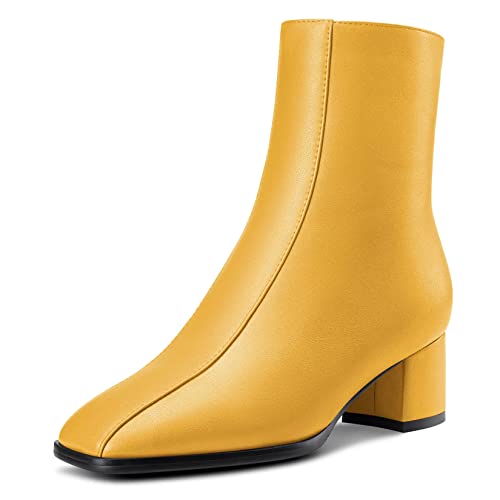 NobleOnly Damen Chunky Blockabsatz Niedrige Kitten Absatz Heel Eckige Zehenkappe Reißverschluss Stiefeletten Hochzeit Dress 5 CM Heels Gelb 41 EU von NobleOnly