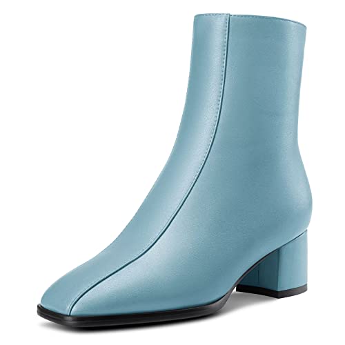 NobleOnly Damen Chunky Blockabsatz Niedrige Kitten Absatz Heel Eckige Zehenkappe Reißverschluss Stiefeletten Hochzeit Dress 5 CM Heels Hellblau 41 EU von NobleOnly