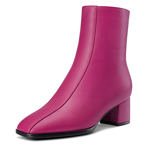 NobleOnly Damen Chunky Blockabsatz Niedrige Kitten Absatz Heel Eckige Zehenkappe Reißverschluss Stiefeletten Hochzeit Dress 5 CM Heels Magenta Rot 36 EU von NobleOnly