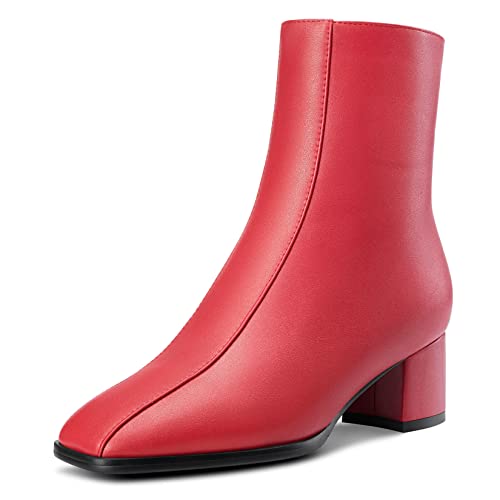 NobleOnly Damen Chunky Blockabsatz Niedrige Kitten Absatz Heel Eckige Zehenkappe Reißverschluss Stiefeletten Hochzeit Dress 5 CM Heels Rot 42 EU von NobleOnly
