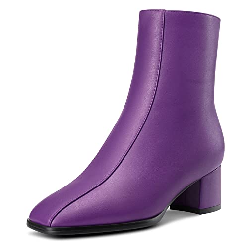 NobleOnly Damen Chunky Blockabsatz Niedrige Kitten Absatz Heel Eckige Zehenkappe Reißverschluss Stiefeletten Hochzeit Dress 5 CM Heels Violett A 40 EU von NobleOnly