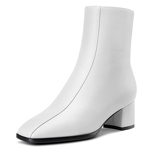NobleOnly Damen Chunky Blockabsatz Niedrige Kitten Absatz Heel Eckige Zehenkappe Reißverschluss Stiefeletten Hochzeit Dress 5 CM Heels Weiß 38 EU von NobleOnly