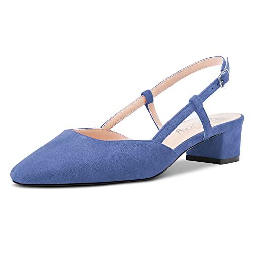 NobleOnly Damen Chunky Blockabsatz Niedrige Kitten Absatz Heel Eckige Zehenkappe Sandalen Slingback Slip-on Pumps Hochzeit Cute Schuhe Blau 38 EU von NobleOnly