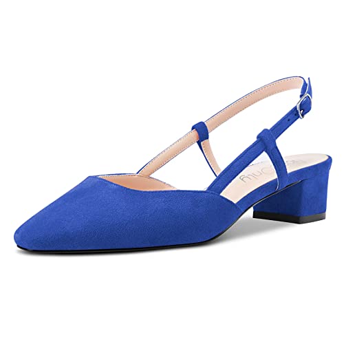 NobleOnly Damen Chunky Blockabsatz Niedrige Kitten Absatz Heel Eckige Zehenkappe Sandalen Slingback Slip-on Pumps Hochzeit Cute Schuhe Blau A 41 EU von NobleOnly