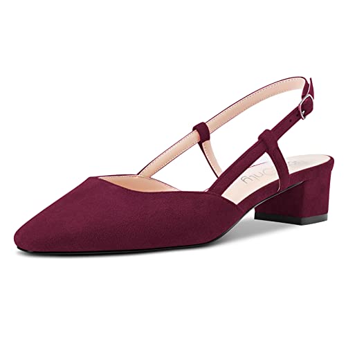 NobleOnly Damen Chunky Blockabsatz Niedrige Kitten Absatz Heel Eckige Zehenkappe Sandalen Slingback Slip-on Pumps Hochzeit Cute Schuhe Burgund Rot 40 EU von NobleOnly