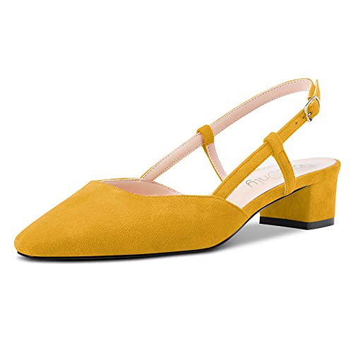 NobleOnly Damen Chunky Blockabsatz Niedrige Kitten Absatz Heel Eckige Zehenkappe Sandalen Slingback Slip-on Pumps Hochzeit Cute Schuhe Gelb 39 EU von NobleOnly
