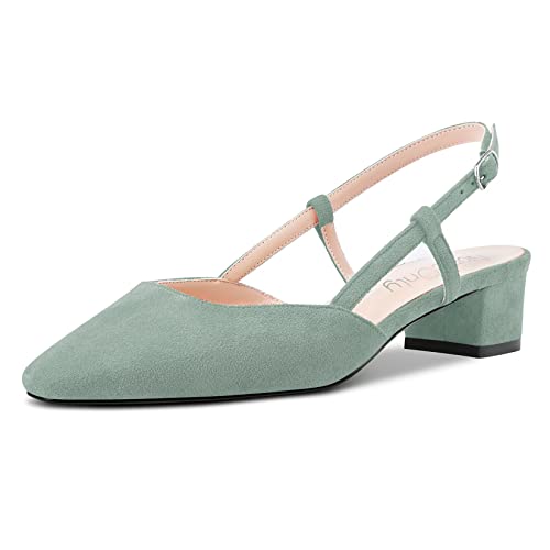 NobleOnly Damen Chunky Blockabsatz Niedrige Kitten Absatz Heel Eckige Zehenkappe Sandalen Slingback Slip-on Pumps Hochzeit Cute Schuhe Grün B 42 EU von NobleOnly