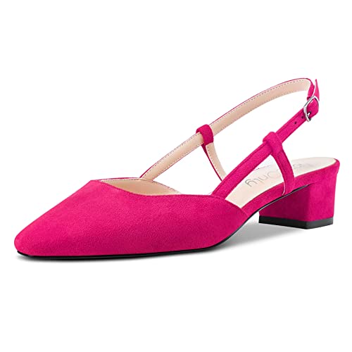 NobleOnly Damen Chunky Blockabsatz Niedrige Kitten Absatz Heel Eckige Zehenkappe Sandalen Slingback Slip-on Pumps Hochzeit Cute Schuhe Magenta Rot 40 EU von NobleOnly