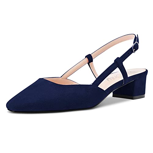 NobleOnly Damen Chunky Blockabsatz Niedrige Kitten Absatz Heel Eckige Zehenkappe Sandalen Slingback Slip-on Pumps Hochzeit Cute Schuhe Navy Blau 39 EU von NobleOnly