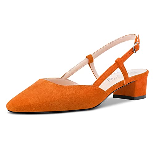 NobleOnly Damen Chunky Blockabsatz Niedrige Kitten Absatz Heel Eckige Zehenkappe Sandalen Slingback Slip-on Pumps Hochzeit Cute Schuhe Orange 38 EU von NobleOnly