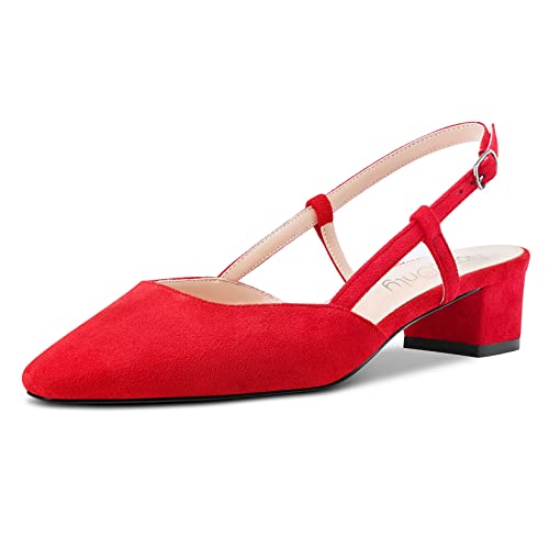 NobleOnly Damen Chunky Blockabsatz Niedrige Kitten Absatz Heel Eckige Zehenkappe Sandalen Slingback Slip-on Pumps Hochzeit Cute Schuhe Rot 42 EU von NobleOnly