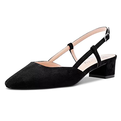 NobleOnly Damen Chunky Blockabsatz Niedrige Kitten Absatz Heel Eckige Zehenkappe Sandalen Slingback Slip-on Pumps Hochzeit Cute Schuhe Schwarz 35 EU von NobleOnly