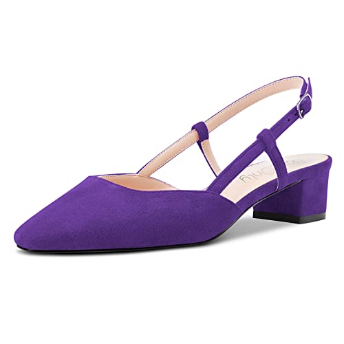 NobleOnly Damen Chunky Blockabsatz Niedrige Kitten Absatz Heel Eckige Zehenkappe Sandalen Slingback Slip-on Pumps Hochzeit Cute Schuhe Violett 35 EU von NobleOnly