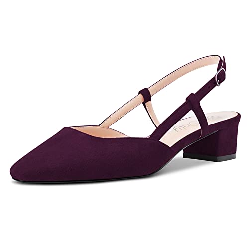NobleOnly Damen Chunky Blockabsatz Niedrige Kitten Absatz Heel Eckige Zehenkappe Sandalen Slingback Slip-on Pumps Hochzeit Cute Schuhe Violett A 38 EU von NobleOnly